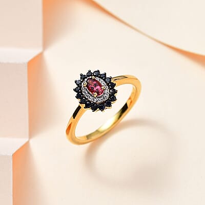 Ofiki Rubellite and Multi Gemstone Double Halo Ring in Vermeil Yellow Gold Over Sterling Silver (Size 10.0) 0.65 ctw