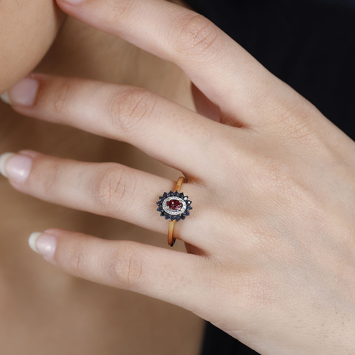 Ofiki Rubellite and Multi Gemstone Double Halo Ring in Vermeil Yellow Gold Over Sterling Silver (Size 10.0) 0.65 ctw