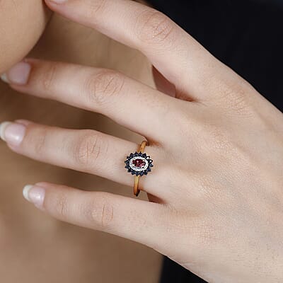Ofiki Rubellite and Multi Gemstone Double Halo Ring in Vermeil Yellow Gold Over Sterling Silver (Size 10.0) 0.65 ctw