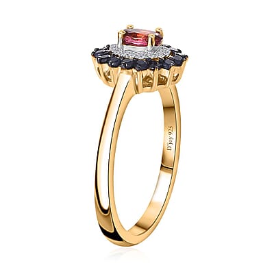 Ofiki Rubellite and Multi Gemstone Double Halo Ring in Vermeil Yellow Gold Over Sterling Silver (Size 10.0) 0.65 ctw