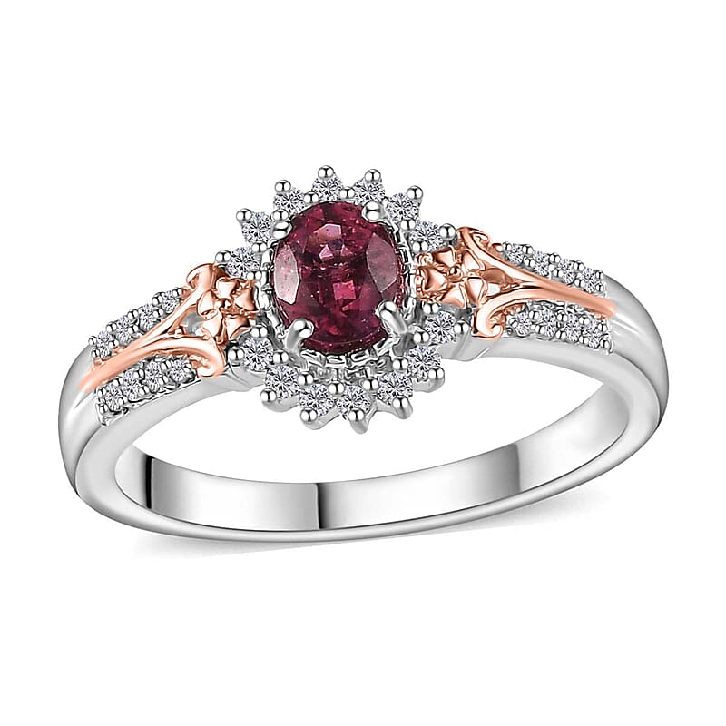 Ofiki Rubellite and White Zircon Sunburst Ring in Vermeil RG and Platinum Over Sterling Silver (Size 10.0) 0.65 ctw