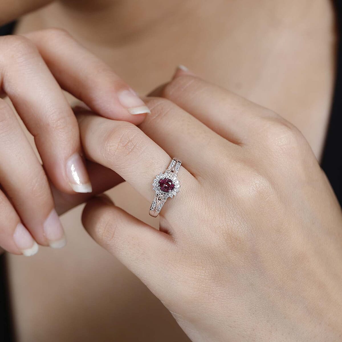 Ofiki Rubellite and White Zircon Sunburst Ring in Vermeil RG and Platinum Over Sterling Silver (Size 8.0) 0.65 ctw image number 2