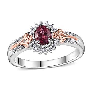 Ofiki Rubellite and White Zircon Sunburst Ring in Vermeil RG and Platinum Over Sterling Silver (Size 9.0) 0.65 ctw