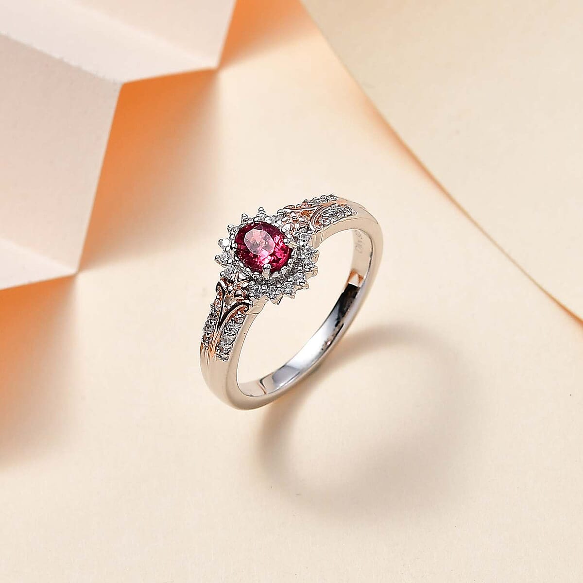Ofiki Rubellite and White Zircon Sunburst Ring in Vermeil RG and Platinum Over Sterling Silver (Size 9.0) 0.65 ctw image number 1