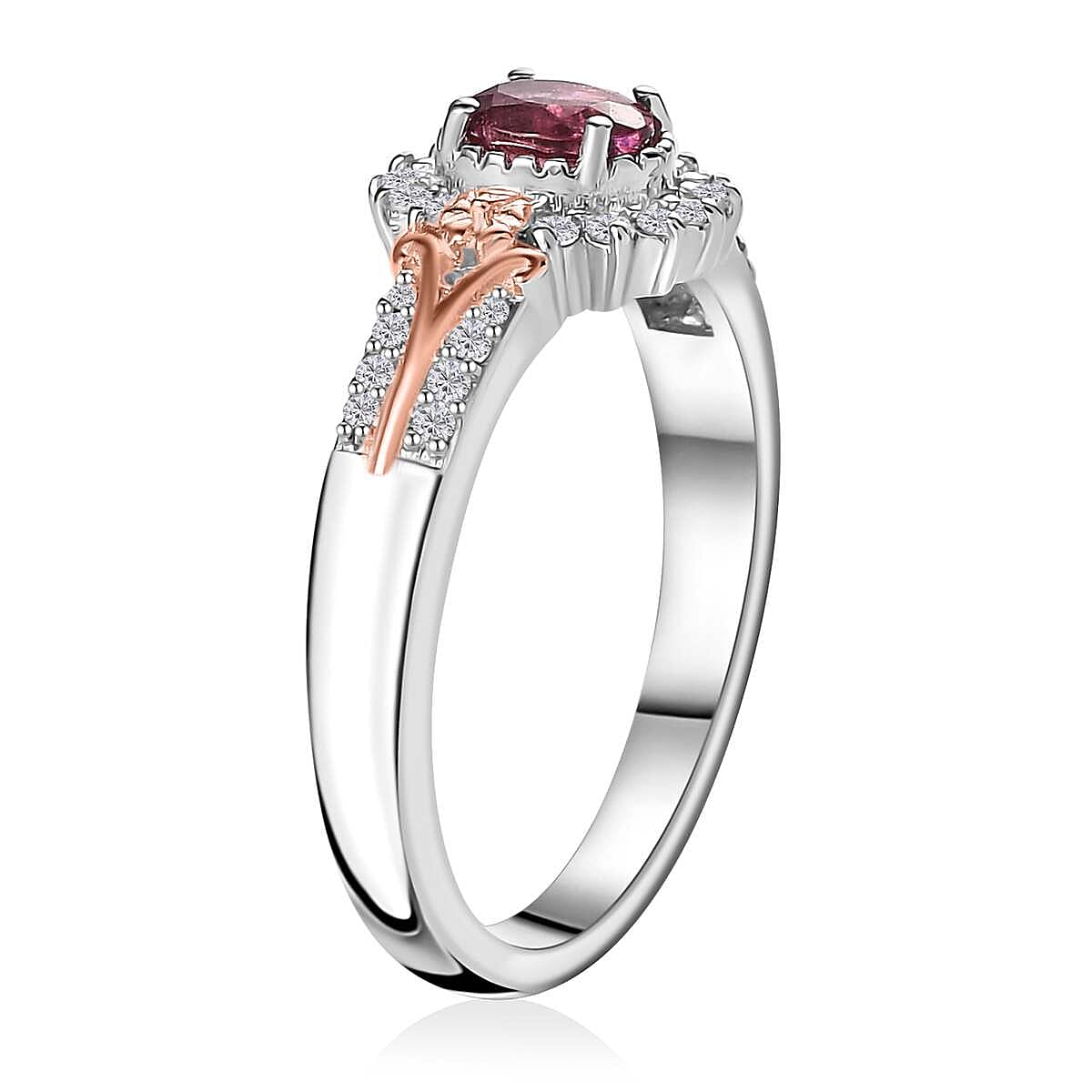 Ofiki Rubellite and White Zircon Sunburst Ring in Vermeil RG and Platinum Over Sterling Silver (Size 9.0) 0.65 ctw image number 3