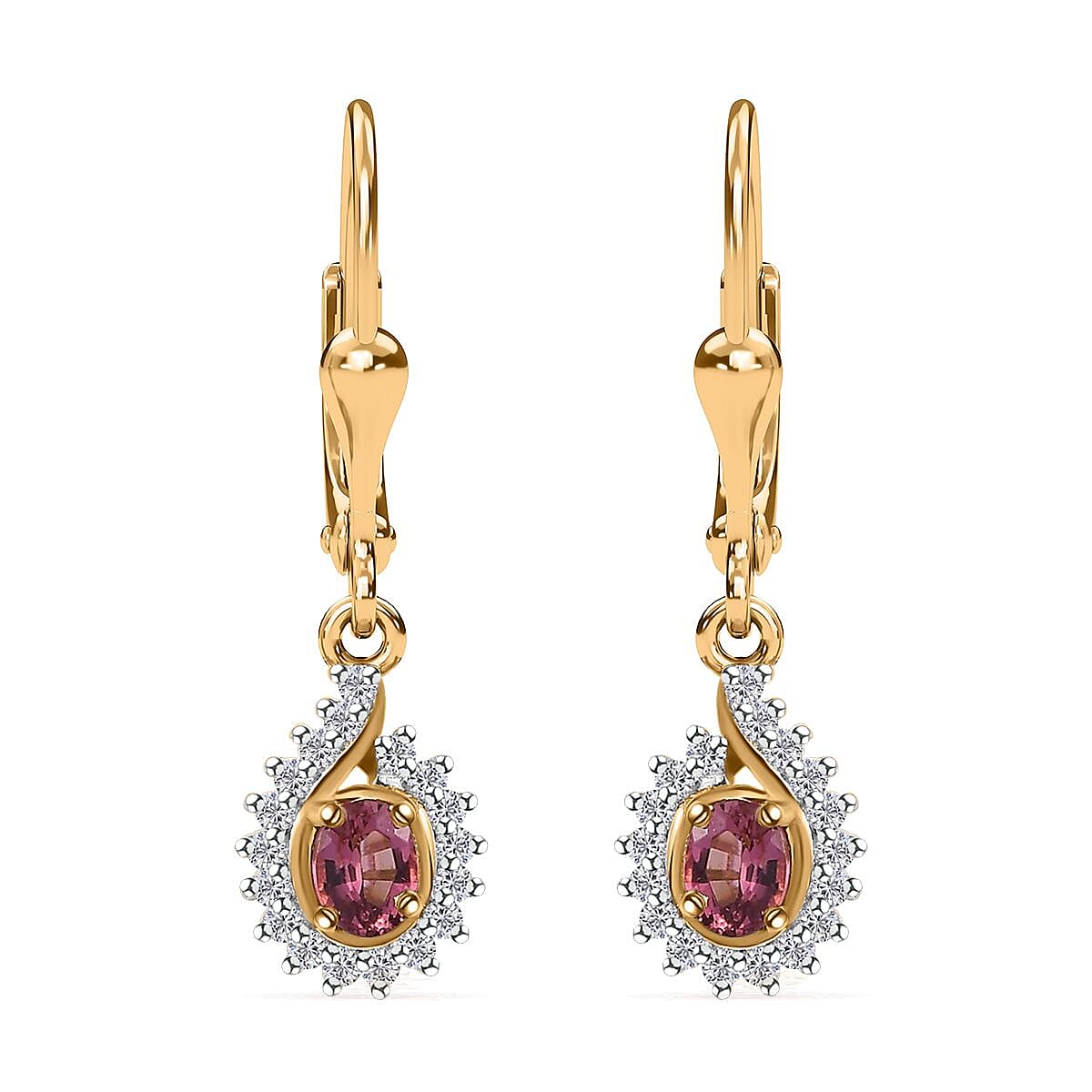 Ofiki Rubellite and White Zircon Lever Back Earrings in Vermeil Yellow Gold Over Sterling Silver 0.50 ctw