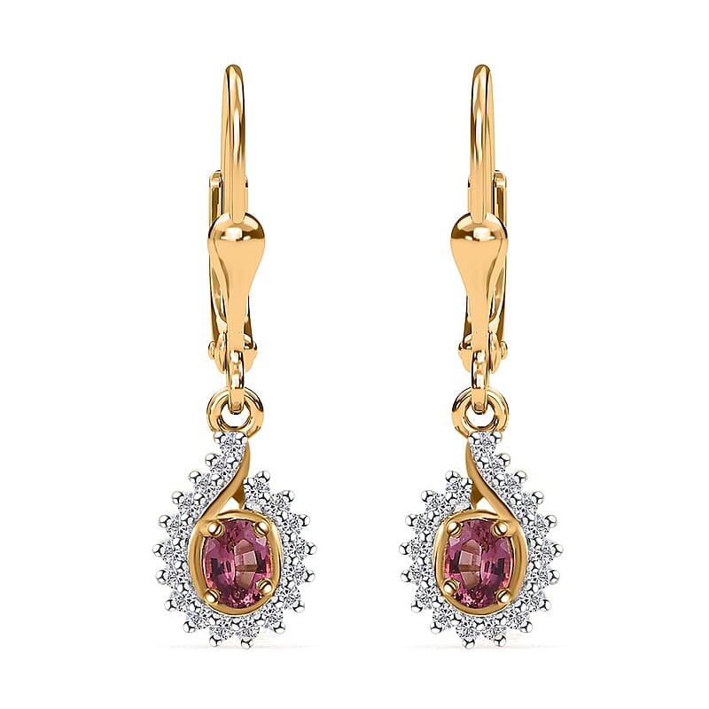 Ofiki Rubellite and White Zircon Lever Back Earrings in Vermeil Yellow Gold Over Sterling Silver 0.50 ctw