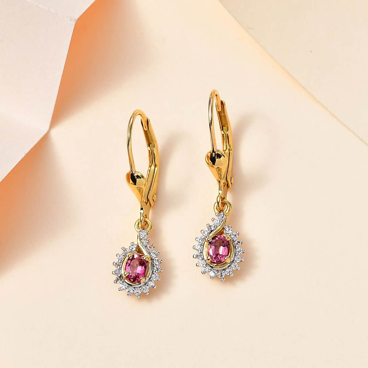 Ofiki Rubellite and White Zircon Lever Back Earrings in Vermeil Yellow Gold Over Sterling Silver 0.50 ctw image number 1