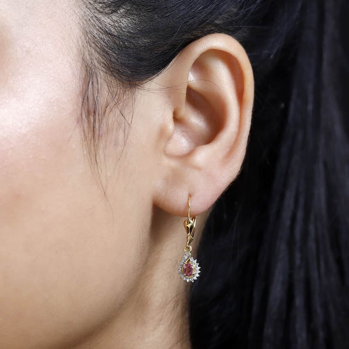 Ofiki Rubellite and White Zircon Lever Back Earrings in Vermeil Yellow Gold Over Sterling Silver 0.50 ctw image number 2
