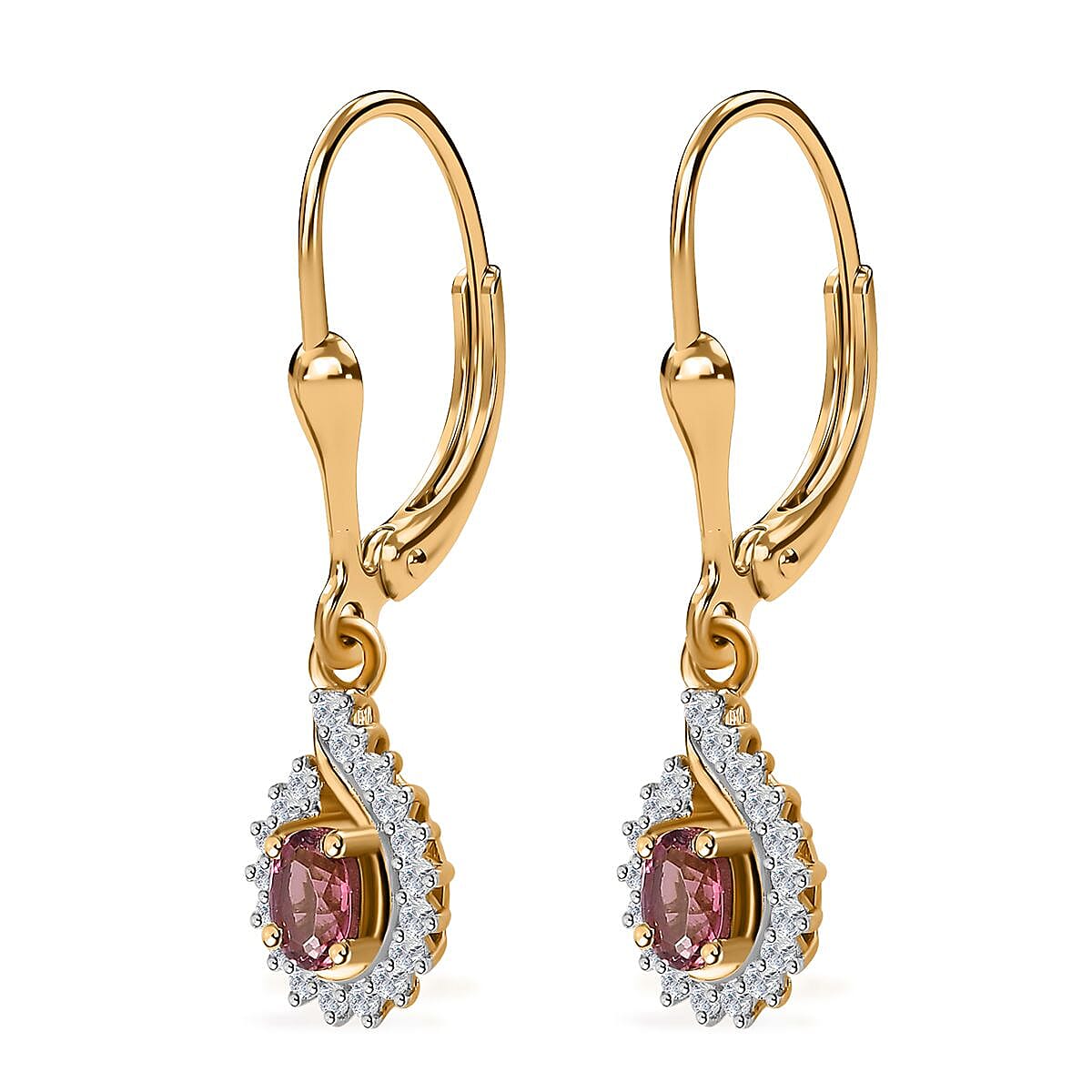 Ofiki Rubellite and White Zircon Lever Back Earrings in Vermeil Yellow Gold Over Sterling Silver 0.50 ctw