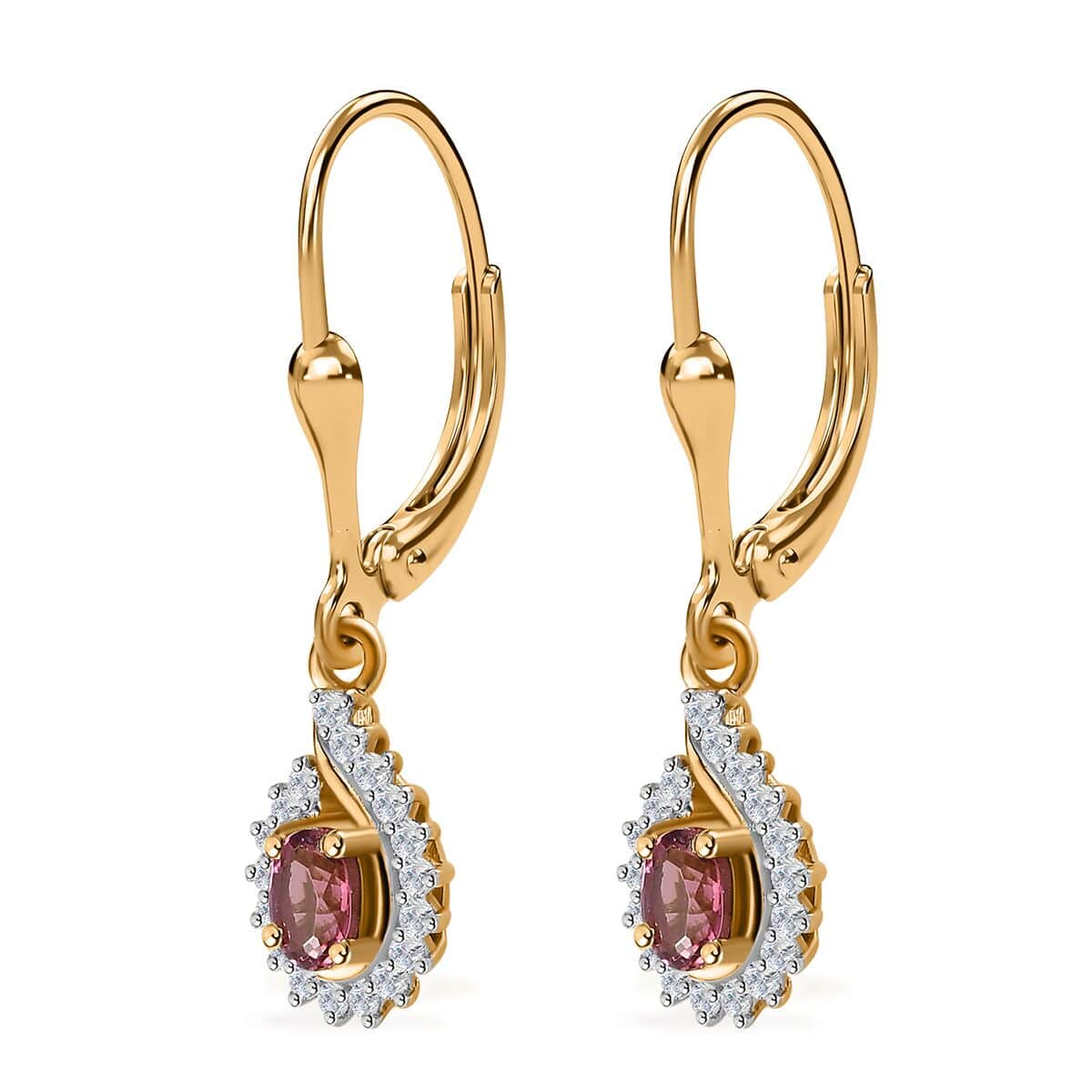 Ofiki Rubellite and White Zircon Lever Back Earrings in Vermeil Yellow Gold Over Sterling Silver 0.50 ctw image number 3