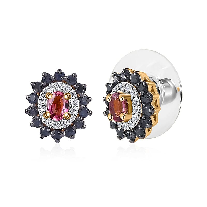 Ofiki Rubellite and Multi Gemstone Double Halo Earrings in Vermeil Yellow Gold Over Sterling Silver 1.00 ctw