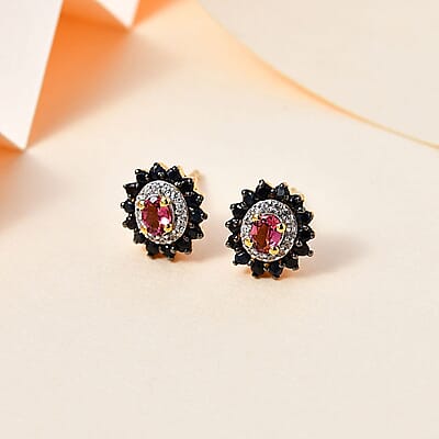 Ofiki Rubellite and Multi Gemstone Double Halo Earrings in Vermeil Yellow Gold Over Sterling Silver 1.00 ctw