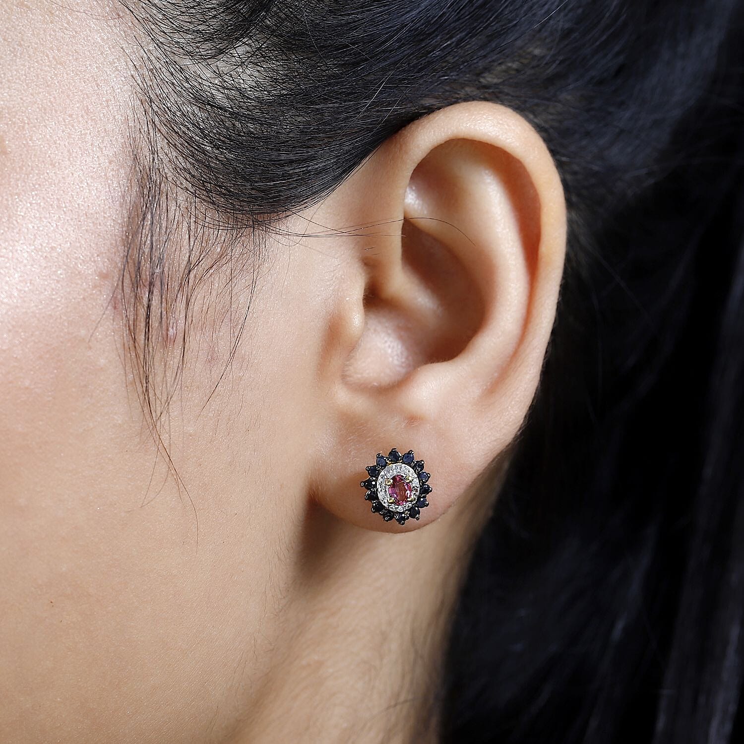 Ofiki Rubellite and Multi Gemstone Double Halo Earrings in Vermeil Yellow Gold Over Sterling Silver 1.00 ctw