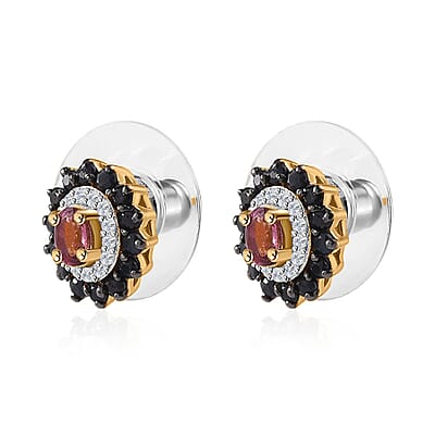 Ofiki Rubellite and Multi Gemstone Double Halo Earrings in Vermeil Yellow Gold Over Sterling Silver 1.00 ctw