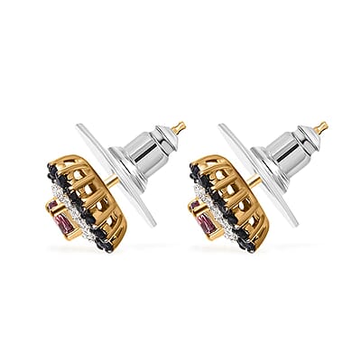 Ofiki Rubellite and Multi Gemstone Double Halo Earrings in Vermeil Yellow Gold Over Sterling Silver 1.00 ctw