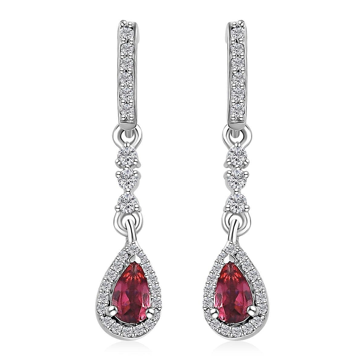 Ofiki Rubellite and White Zircon Drop Earrings in Platinum Over Sterling Silver 0.85 ctw