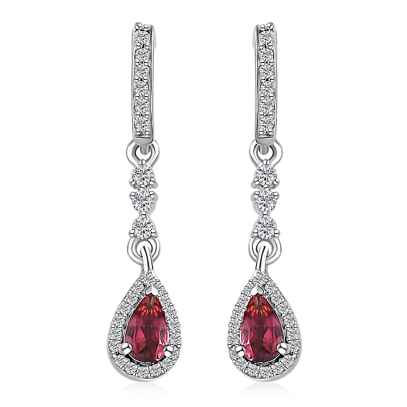Ofiki Rubellite and White Zircon Drop Earrings in Platinum Over Sterling Silver 0.85 ctw