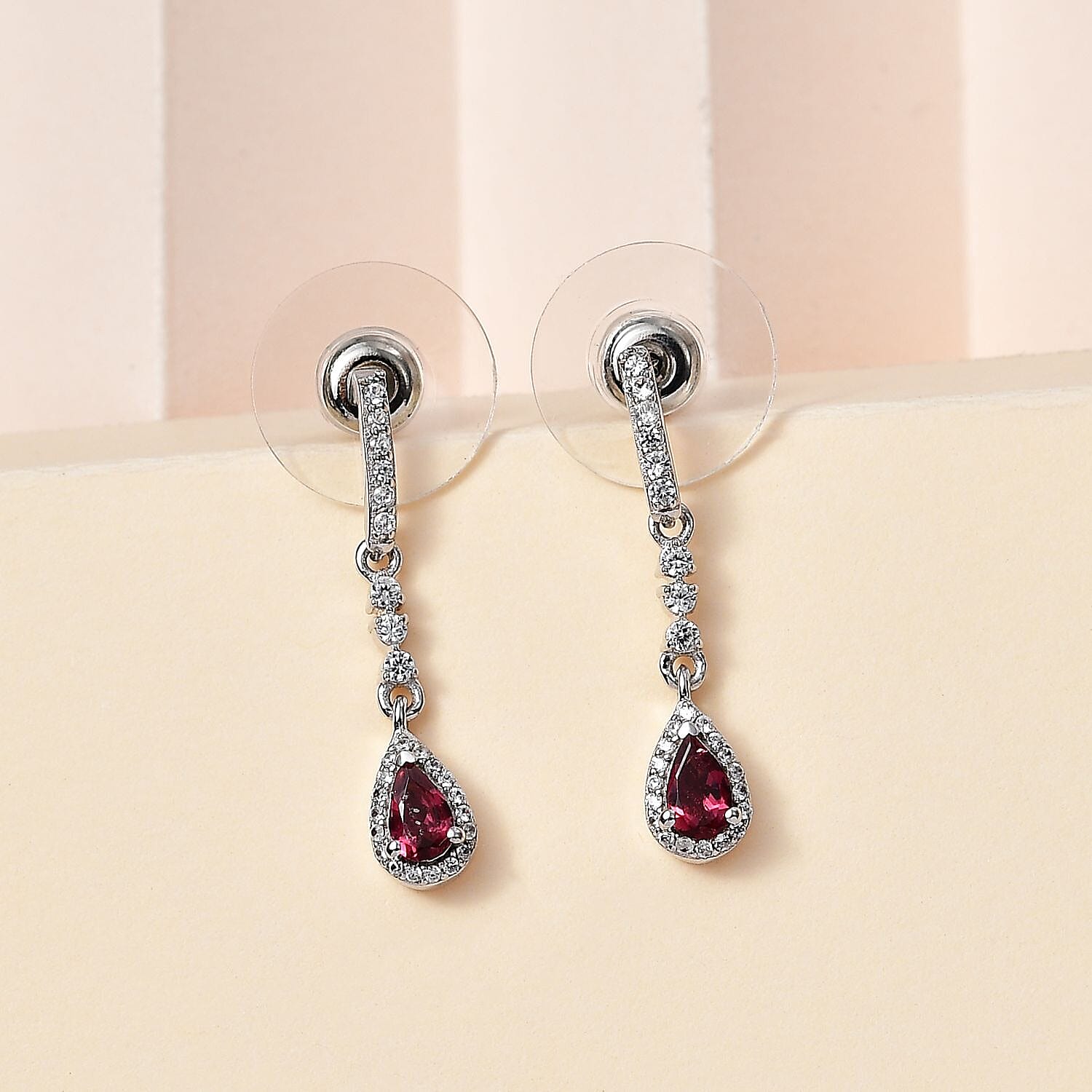 Ofiki Rubellite and White Zircon Drop Earrings in Platinum Over Sterling Silver 0.85 ctw
