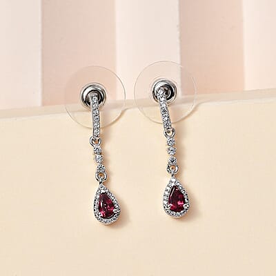 Ofiki Rubellite and White Zircon Drop Earrings in Platinum Over Sterling Silver 0.85 ctw