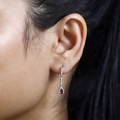 Ofiki Rubellite and White Zircon Drop Earrings in Platinum Over Sterling Silver 0.85 ctw