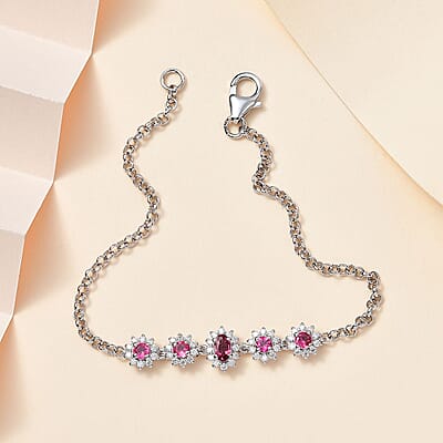 Ofiki Rubellite and Moissanite Bracelet in Platinum Over Sterling Silver (7.25 In) 1.30 ctw