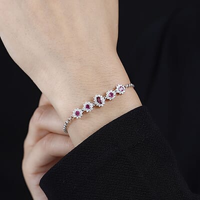 Ofiki Rubellite and Moissanite Bracelet in Platinum Over Sterling Silver (7.25 In) 1.30 ctw