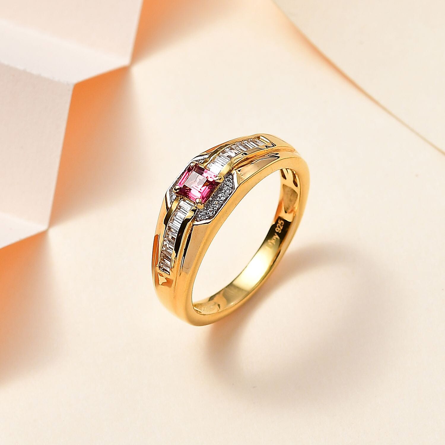 Ofiki Rubellite and White Zircon Men's Ring in Vermeil Yellow Gold Over Sterling Silver (Size 10.0) 0.80 ctw