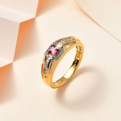 Ofiki Rubellite and White Zircon Men's Ring in Vermeil Yellow Gold Over Sterling Silver (Size 10.0) 0.80 ctw