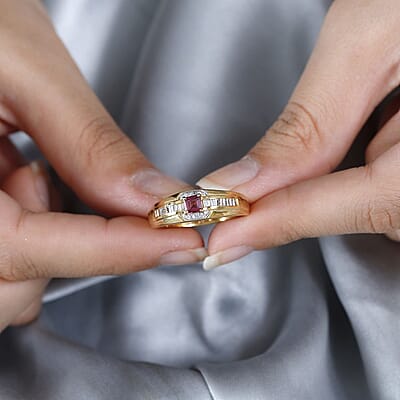 Ofiki Rubellite and White Zircon Men's Ring in Vermeil Yellow Gold Over Sterling Silver (Size 10.0) 0.80 ctw