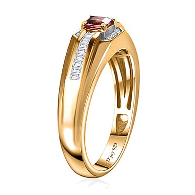 Ofiki Rubellite and White Zircon Men's Ring in Vermeil Yellow Gold Over Sterling Silver (Size 10.0) 0.80 ctw