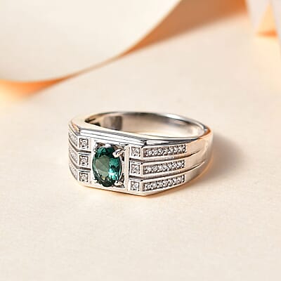 Indian Ocean Apatite and Moissanite Men's Ring in Platinum Over Sterling Silver (Size 10.0) 1.00 ctw