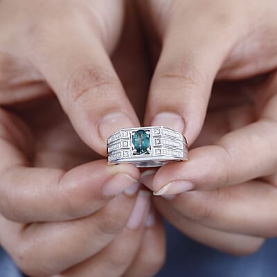 Indian Ocean Apatite and Moissanite Men's Ring in Platinum Over Sterling Silver (Size 10.0) 1.00 ctw