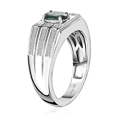 Indian Ocean Apatite and Moissanite Men's Ring in Platinum Over Sterling Silver (Size 10.0) 1.00 ctw