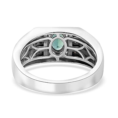 Indian Ocean Apatite and Moissanite Men's Ring in Platinum Over Sterling Silver (Size 10.0) 1.00 ctw