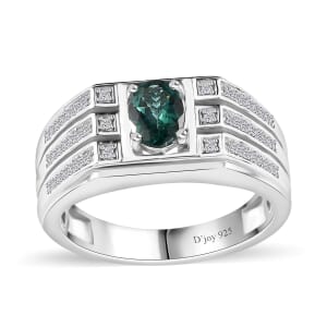 Indian Ocean Apatite and Moissanite Men's Ring in Platinum Over Sterling Silver (Size 11.0) 1.00 ctw