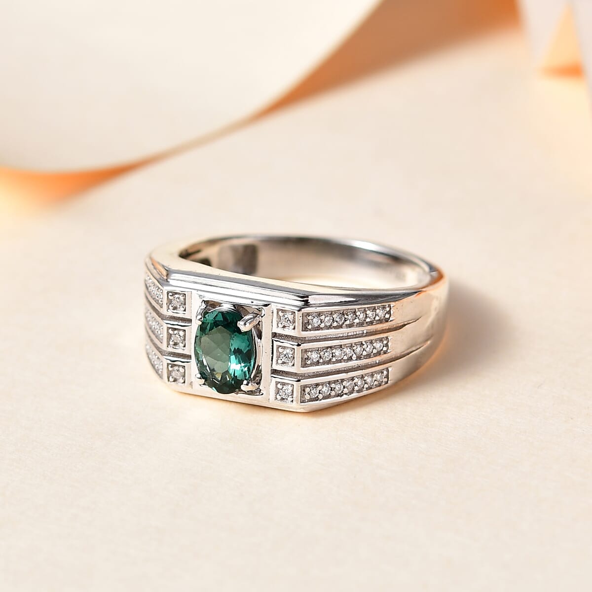 Indian Ocean Apatite and Moissanite Men's Ring in Platinum Over Sterling Silver (Size 11.0) 1.00 ctw image number 1