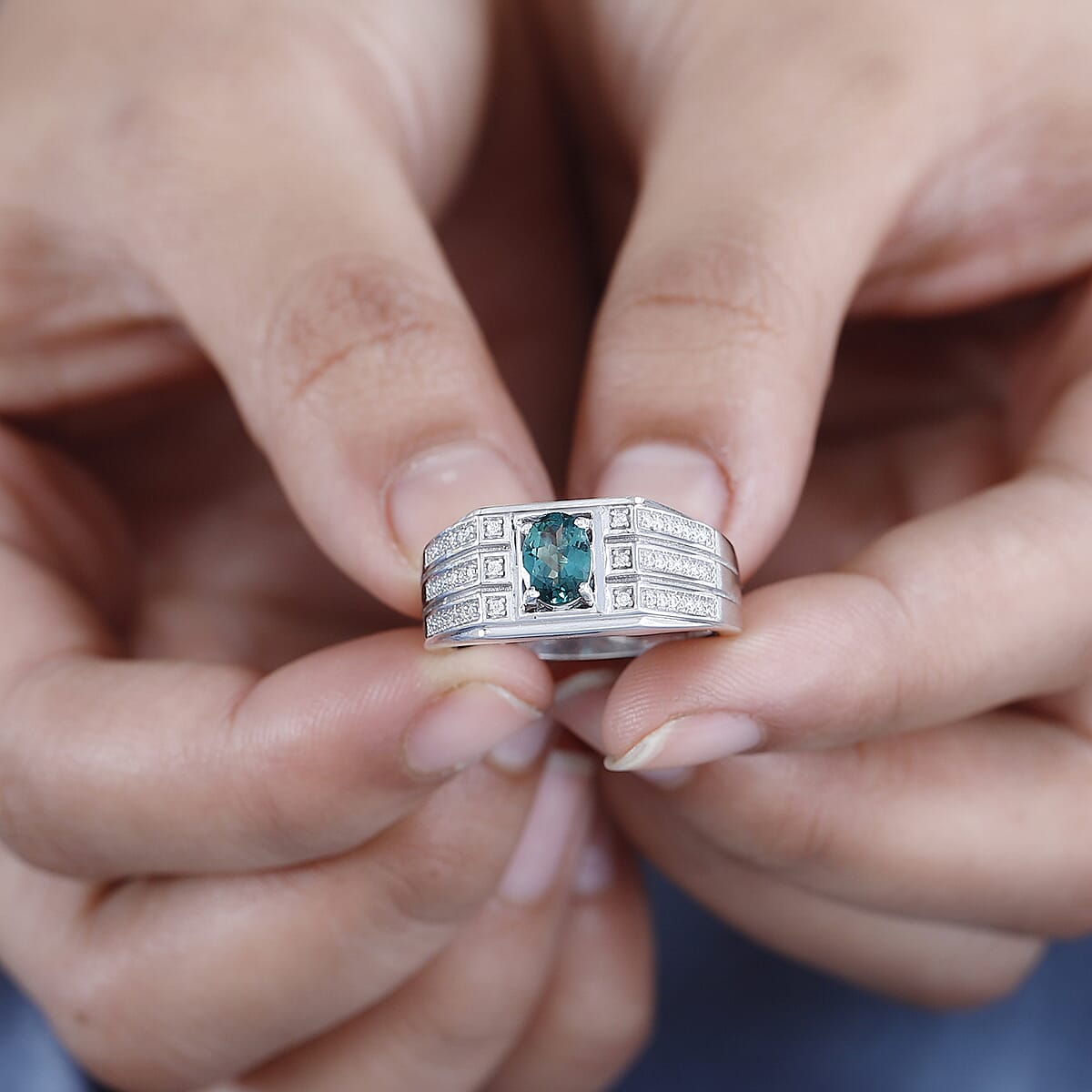 Indian Ocean Apatite and Moissanite Men's Ring in Platinum Over Sterling Silver (Size 12.0) 1.00 ctw image number 2