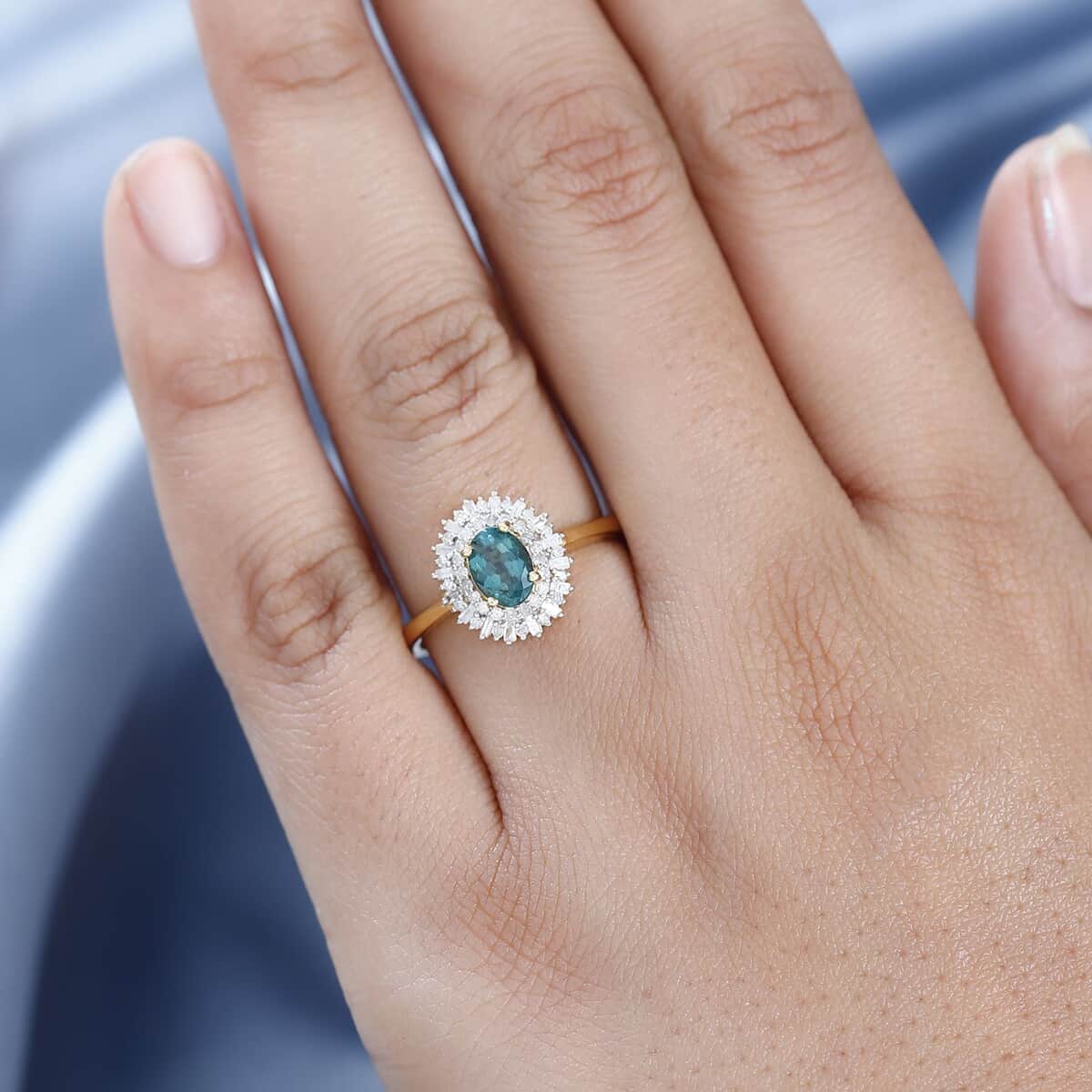 Premium Indian Ocean Apatite and Diamond Sunburst Ring in Vermeil Yellow Gold Over Sterling Silver (Size 10.0) 1.20 ctw image number 1