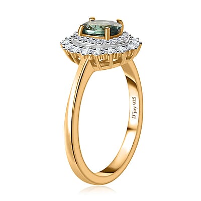 Premium Indian Ocean Apatite and Diamond Sunburst Ring in Vermeil Yellow Gold Over Sterling Silver (Size 10.0) 1.20 ctw