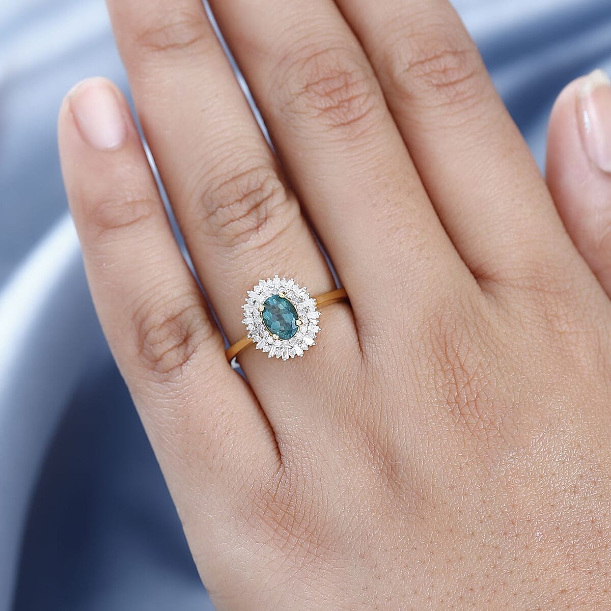 Premium Indian Ocean Apatite and Diamond Sunburst Ring in Vermeil Yellow Gold Over Sterling Silver (Size 8.0) 1.20 ctw image number 1
