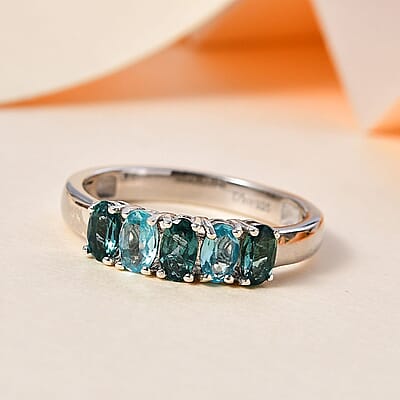 Indian Ocean Apatite and Malgache Neon Apatite 5 Stone Ring in Platinum Over Sterling Silver (Size 10.0) 1.20 ctw