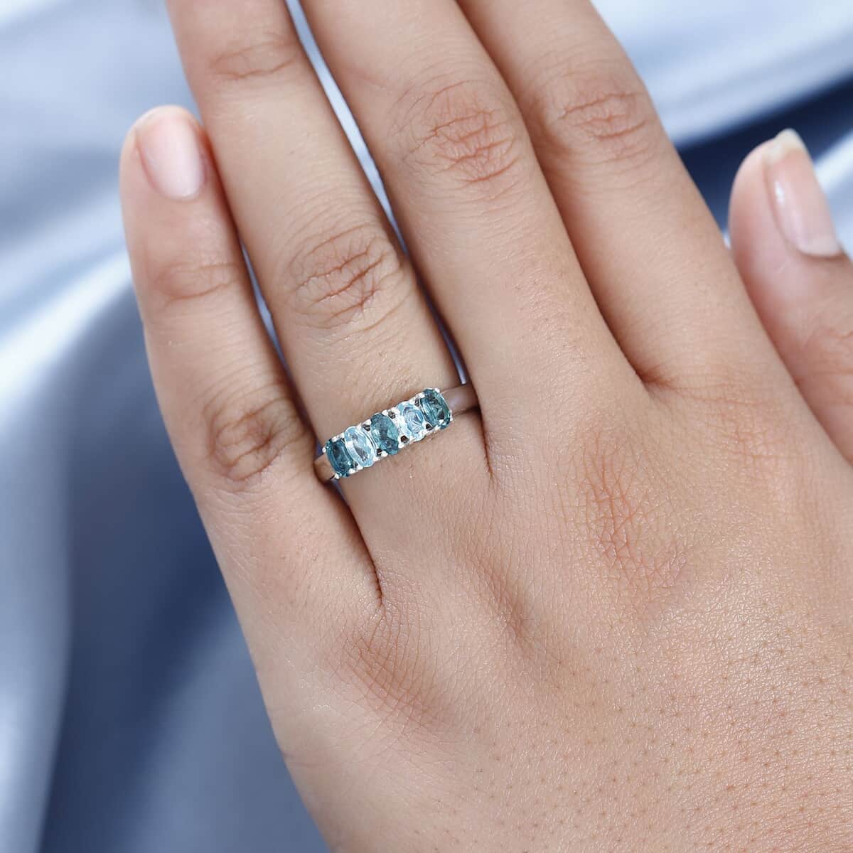 Premium Indian Ocean Apatite, Apatite 5 Stone Ring in Platinum Over Sterling Silver (Size 10.0) 1.20 ctw image number 2