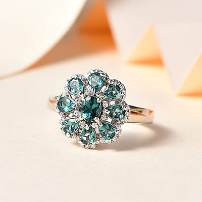Indian Ocean Apatite and Moissanite Lilac Floral Ring in Platinum Over Sterling Silver (Size 10.0) 2.00 ctw