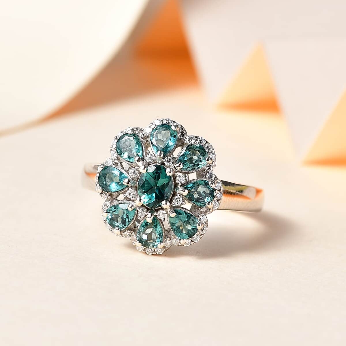 Indian Ocean Apatite and Moissanite Ring in Platinum Over Sterling Silver (Size 8.0) 2.00 ctw image number 1