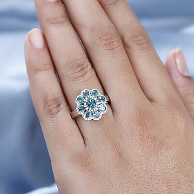 Indian Ocean Apatite and Moissanite Ring in Platinum Over Sterling Silver (Size 8.0) 2.00 ctw