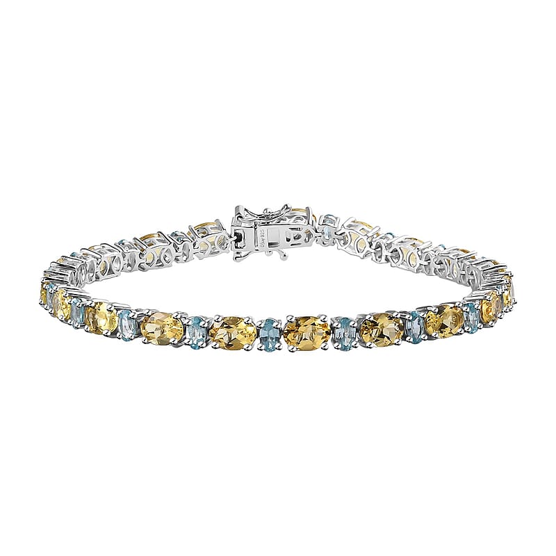 D'Joy Brazilian Sunfire Beryl and Blue Zircon Tennis Bracelet in Platinum Over Sterling Silver (6.50 In) 15.40 ctw