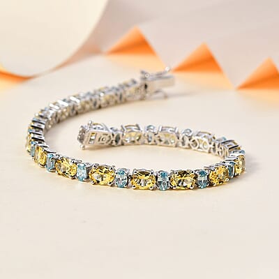 D'Joy Brazilian Sunfire Beryl and Blue Zircon Tennis Bracelet in Platinum Over Sterling Silver (6.50 In) 15.40 ctw