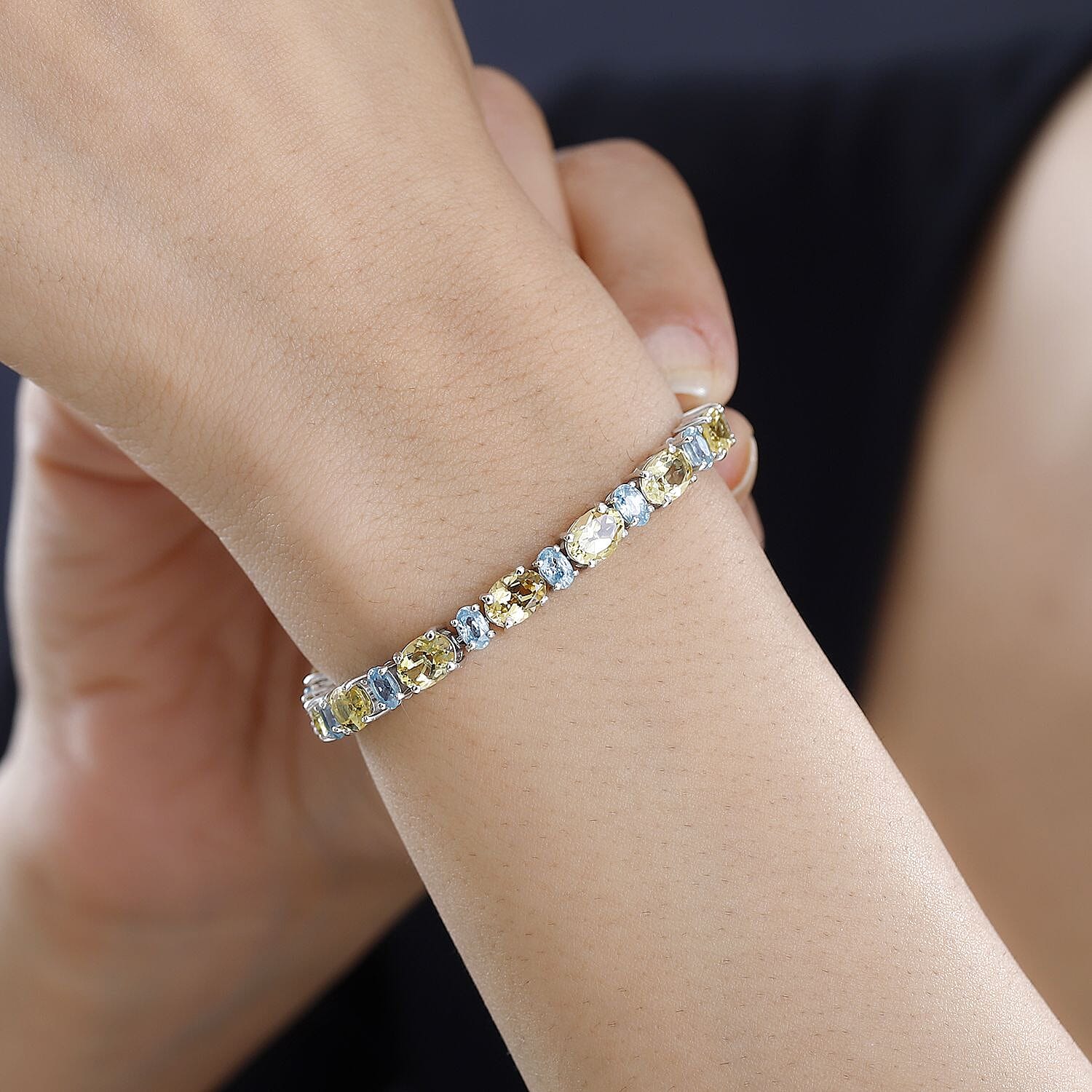 D'Joy Brazilian Sunfire Beryl and Blue Zircon Tennis Bracelet in Platinum Over Sterling Silver (6.50 In) 15.40 ctw