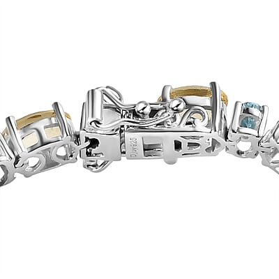 D'Joy Brazilian Sunfire Beryl and Blue Zircon Tennis Bracelet in Platinum Over Sterling Silver (6.50 In) 15.40 ctw